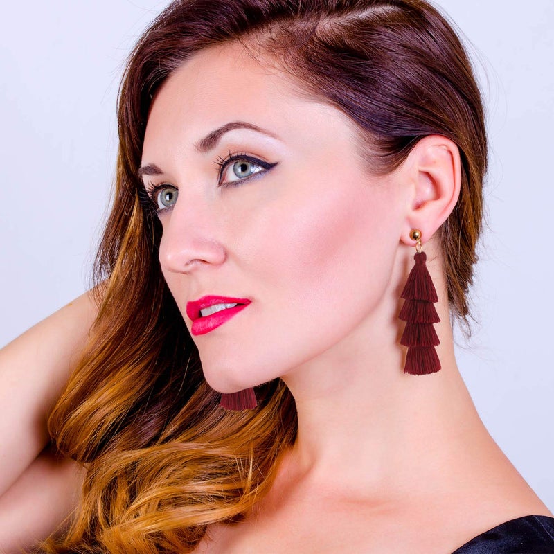 BaubleStar Fashion Maroon Tassel Dangle Earrings for Women Layered Long Bonita Tiered Wine Burgundy Red Thread Tassel Drop Statement Jewelry - Image 2